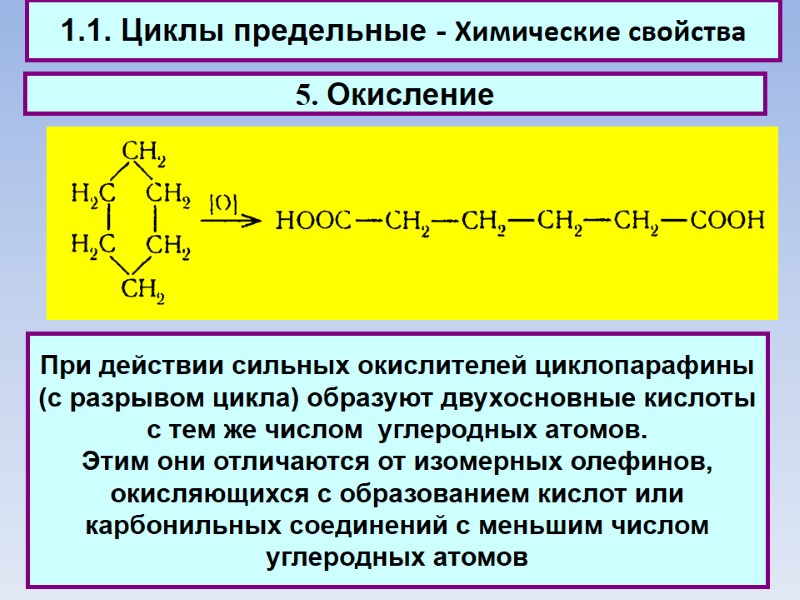 1.1. Циклы предельные - Химические свойства 5. Окисление При действии сильных окислителей циклопарафины (с